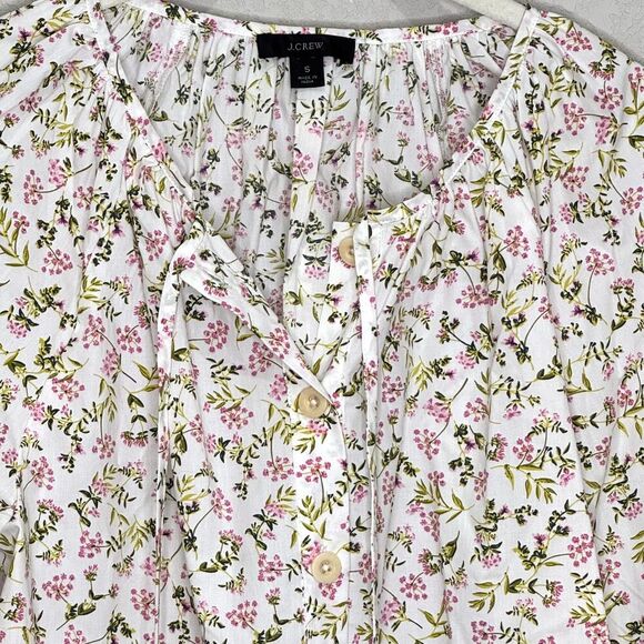 J Crew Shirt Womens Small White Pink Floral Button Front Tie Neck Long Sleeve - Picture 4 of 6